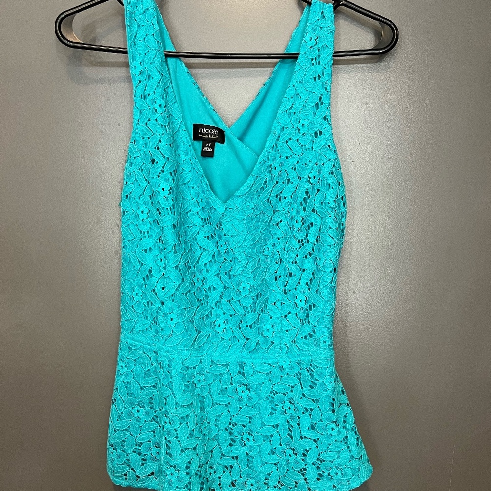 Teal lace peplum shirt